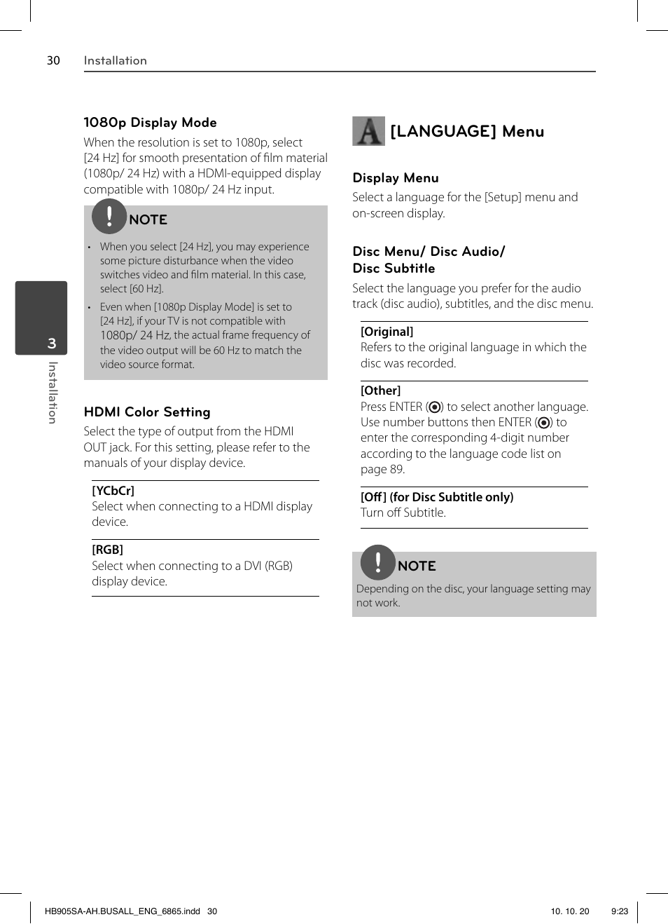 Language] menu | LG LHB335 User Manual | Page 30 / 104