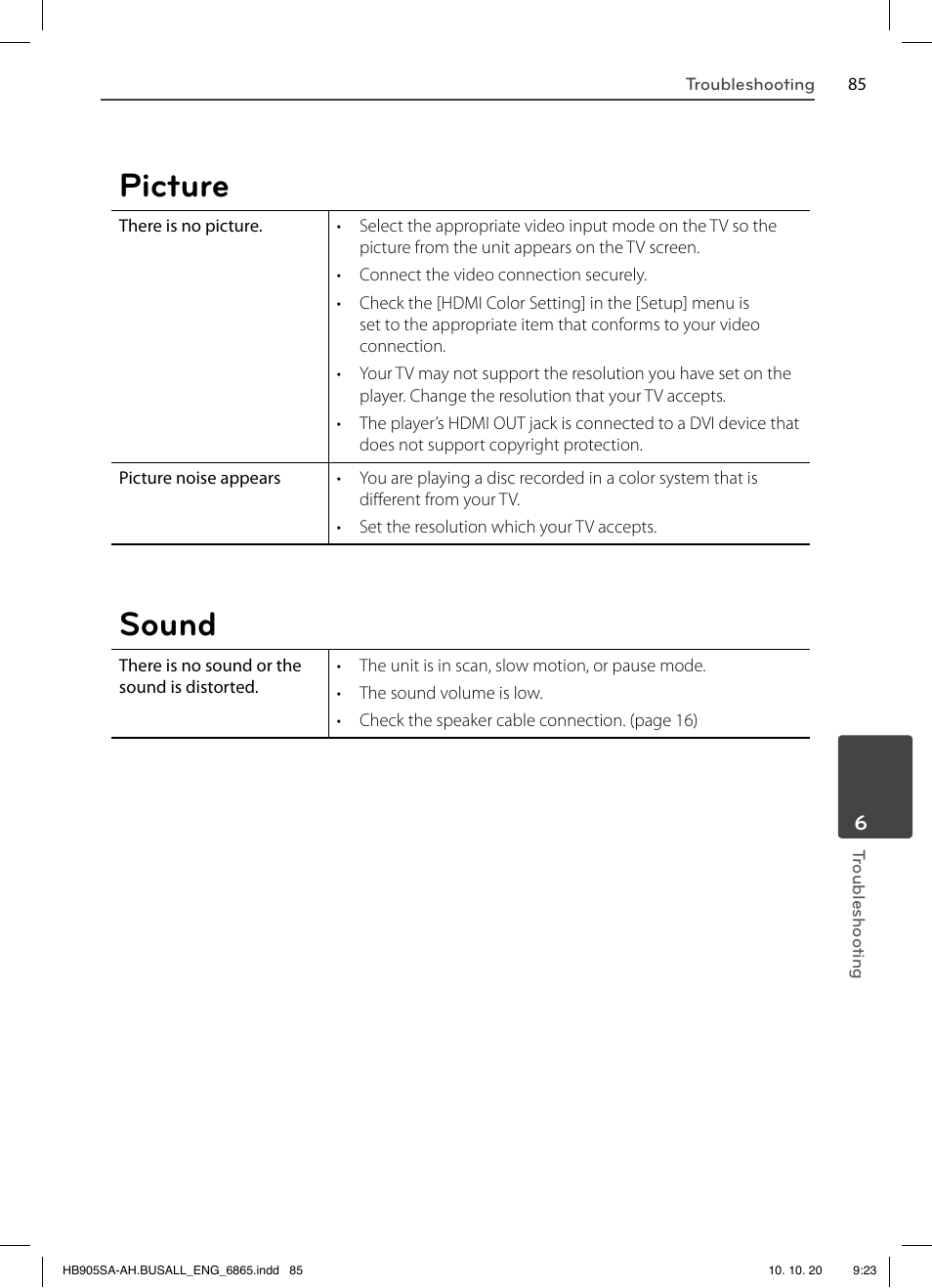 Picture, Sound | LG LHB335 User Manual | Page 85 / 104