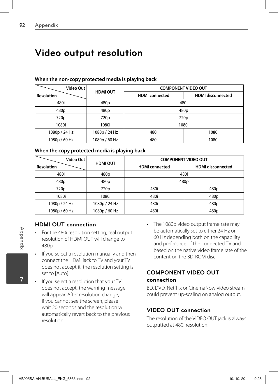 Video output resolution | LG LHB335 User Manual | Page 92 / 104