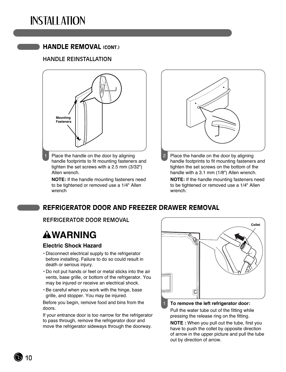 Wwarning, 10 handle removal, Refrigerator door and freezer drawer removal | LG LFX28991ST User Manual | Page 10 / 156