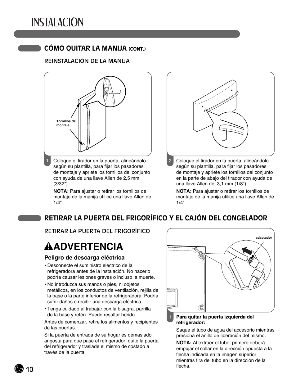 Wadvertencia, 10 cómo quitar la manija | LG LFX28991ST User Manual | Page 114 / 156