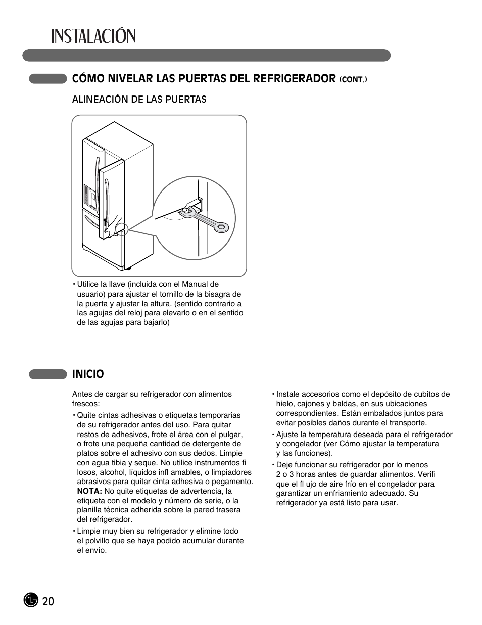 Inicio, 20 cómo nivelar las puertas del refrigerador | LG LFX28991ST User Manual | Page 124 / 156