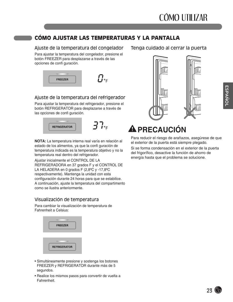 Precaución, 23 cómo ajustar las temperaturas y la pantalla | LG LFX28991ST User Manual | Page 127 / 156