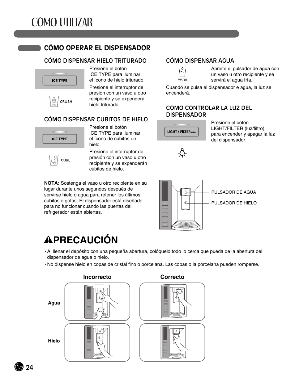Wprecaución, 24 cómo operar el dispensador | LG LFX28991ST User Manual | Page 128 / 156
