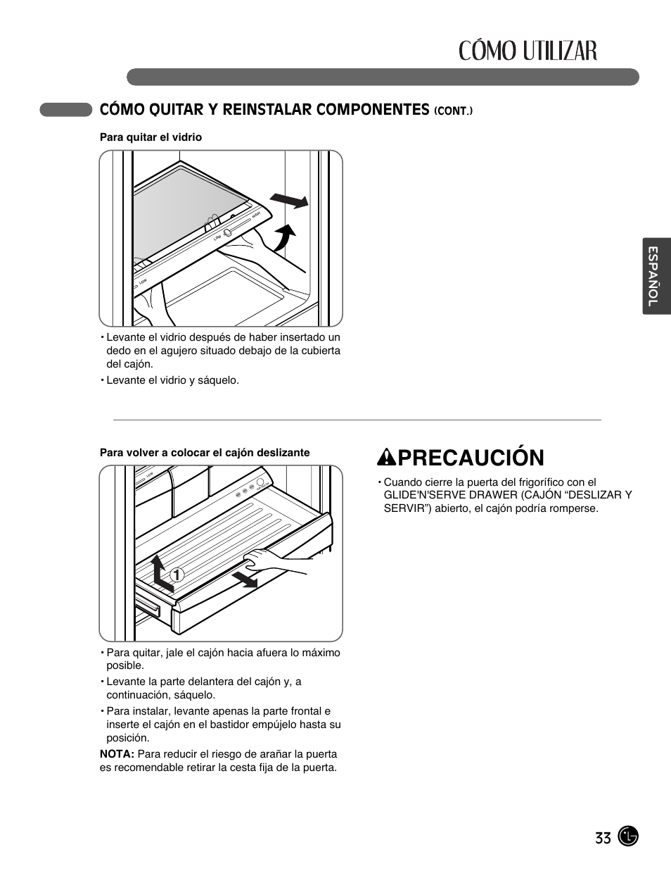 Wprecaución, 33 cómo quitar y reinstalar componentes, Español | LG LFX28991ST User Manual | Page 137 / 156