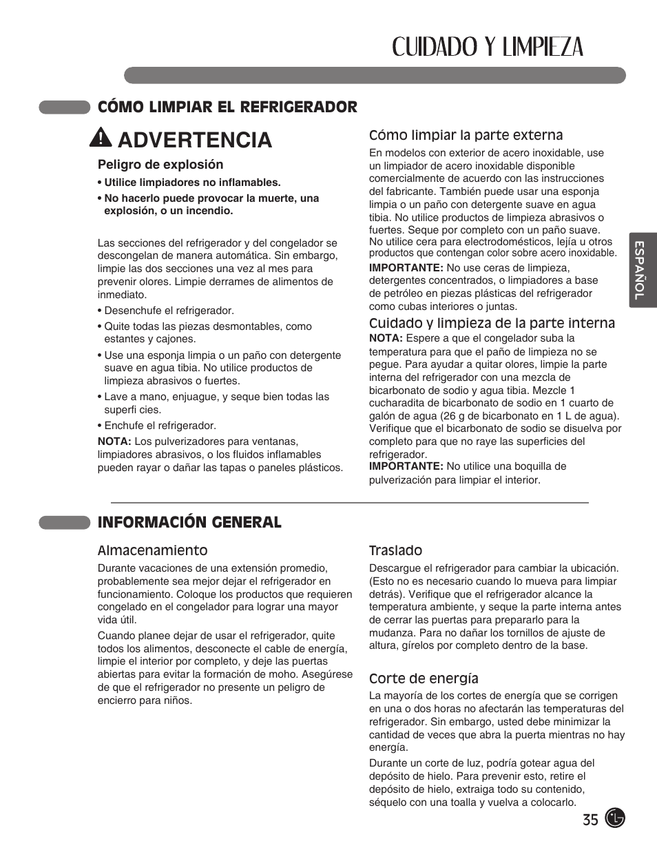 Advertencia, 35 cómo limpiar el refrigerador, Información general | LG LFX28991ST User Manual | Page 139 / 156