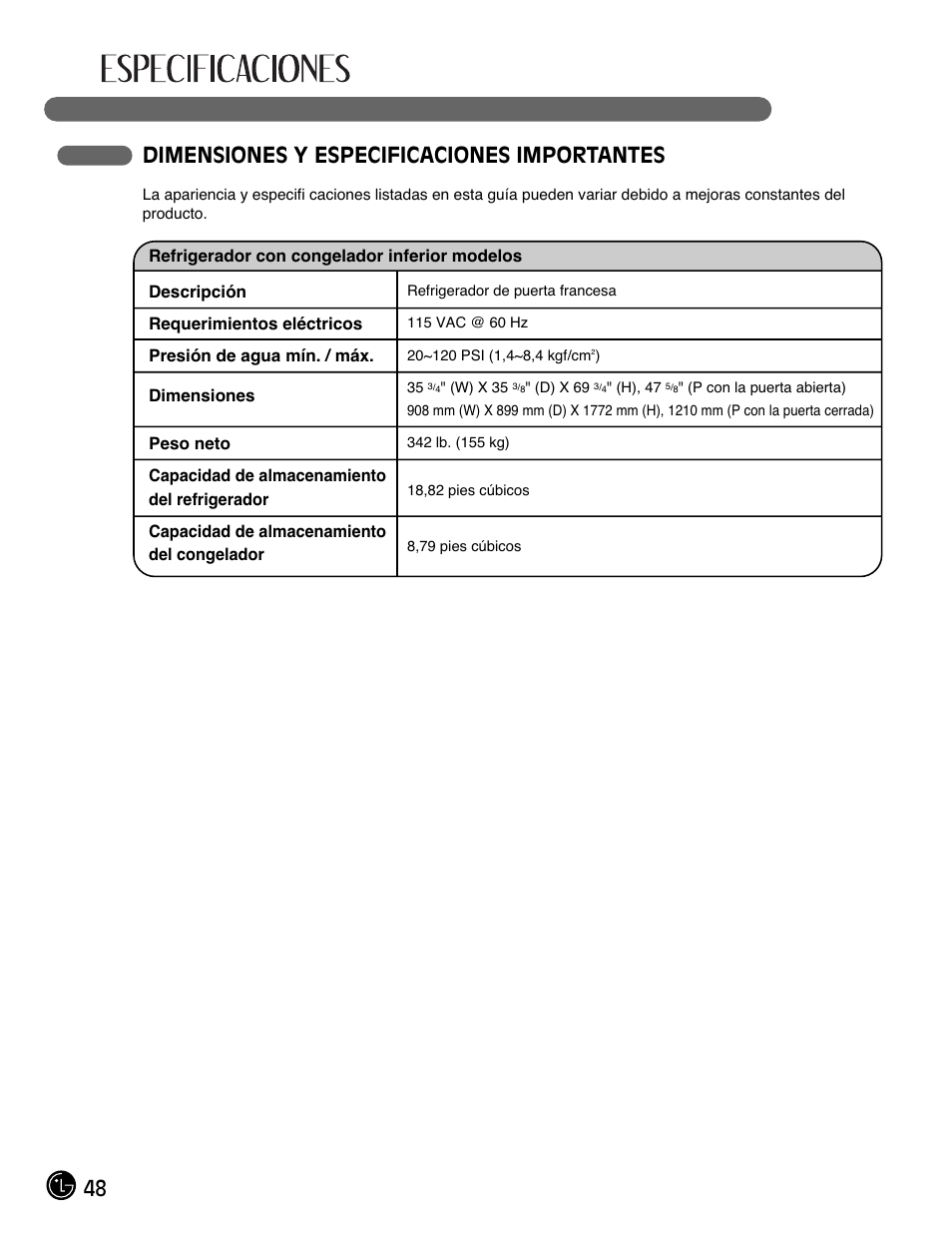 48 dimensiones y especificaciones importantes | LG LFX28991ST User Manual | Page 152 / 156