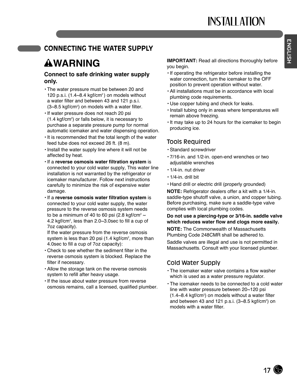 Wwarning, 17 connecting the water supply | LG LFX28991ST User Manual | Page 17 / 156