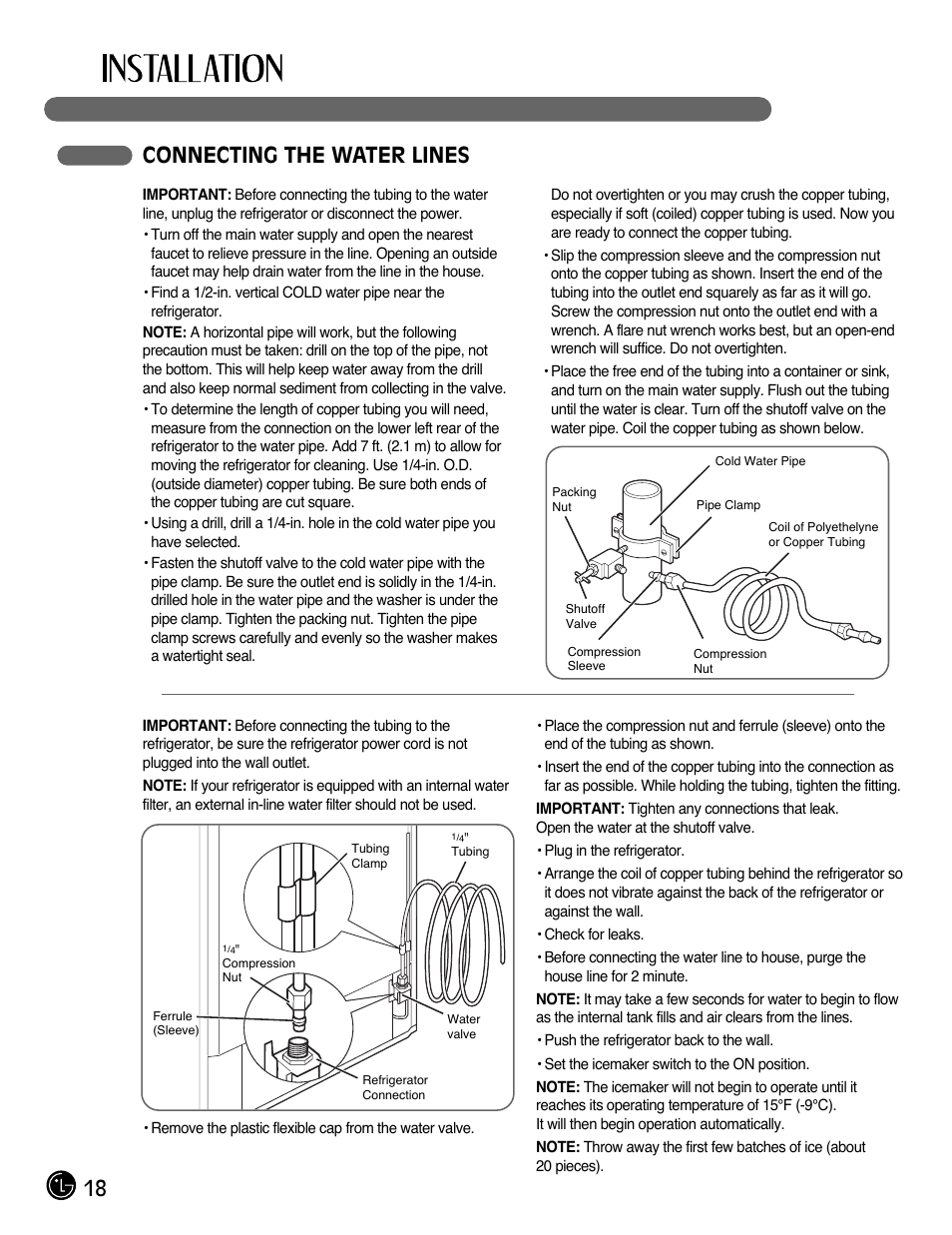 18 connecting the water lines | LG LFX28991ST User Manual | Page 18 / 156