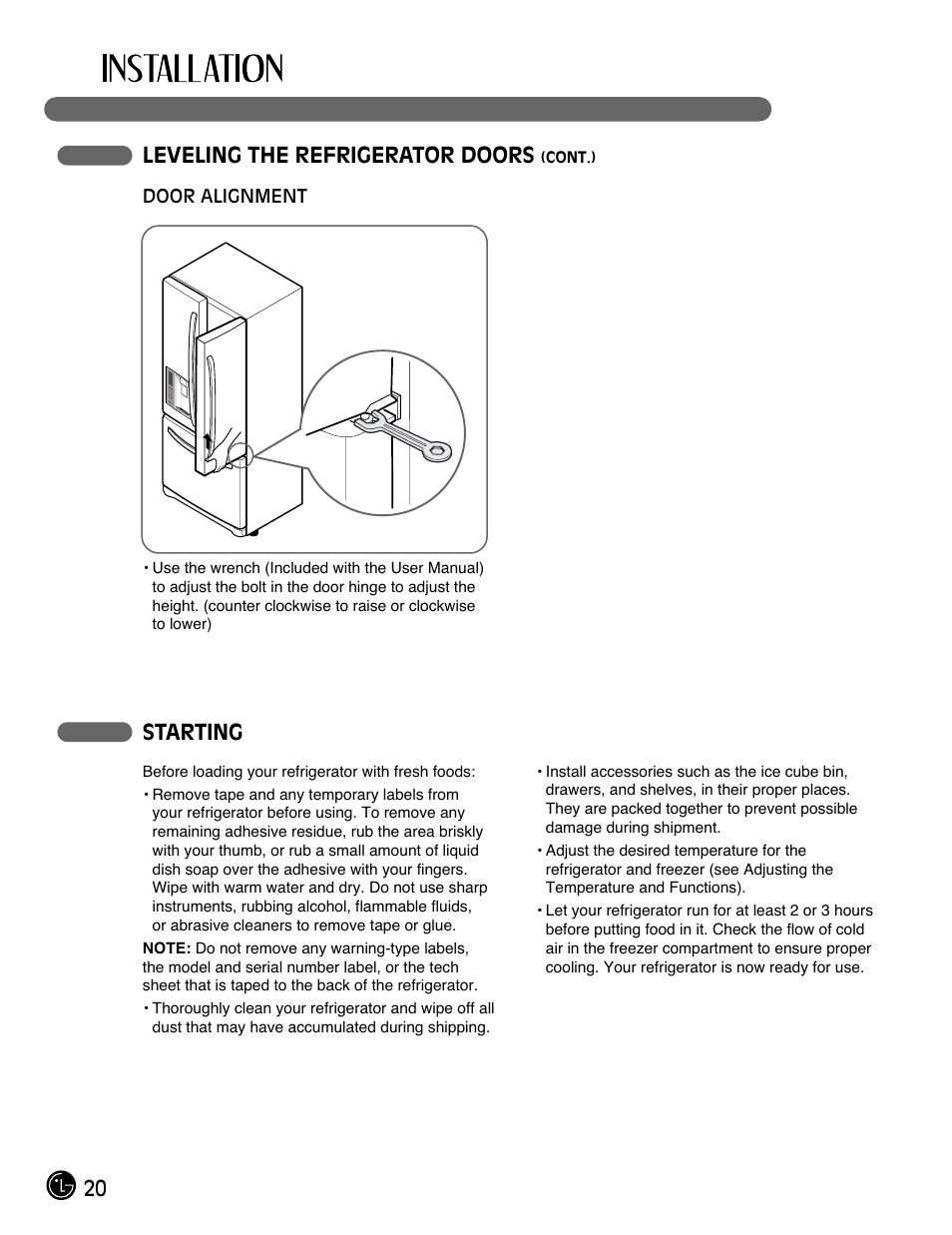 Starting, 20 leveling the refrigerator doors | LG LFX28991ST User Manual | Page 20 / 156