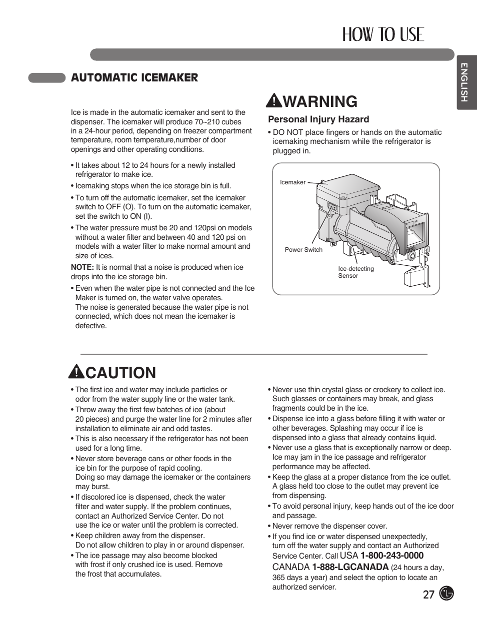 Warning, Caution, 27 automatic icemaker | LG LFX28991ST User Manual | Page 27 / 156