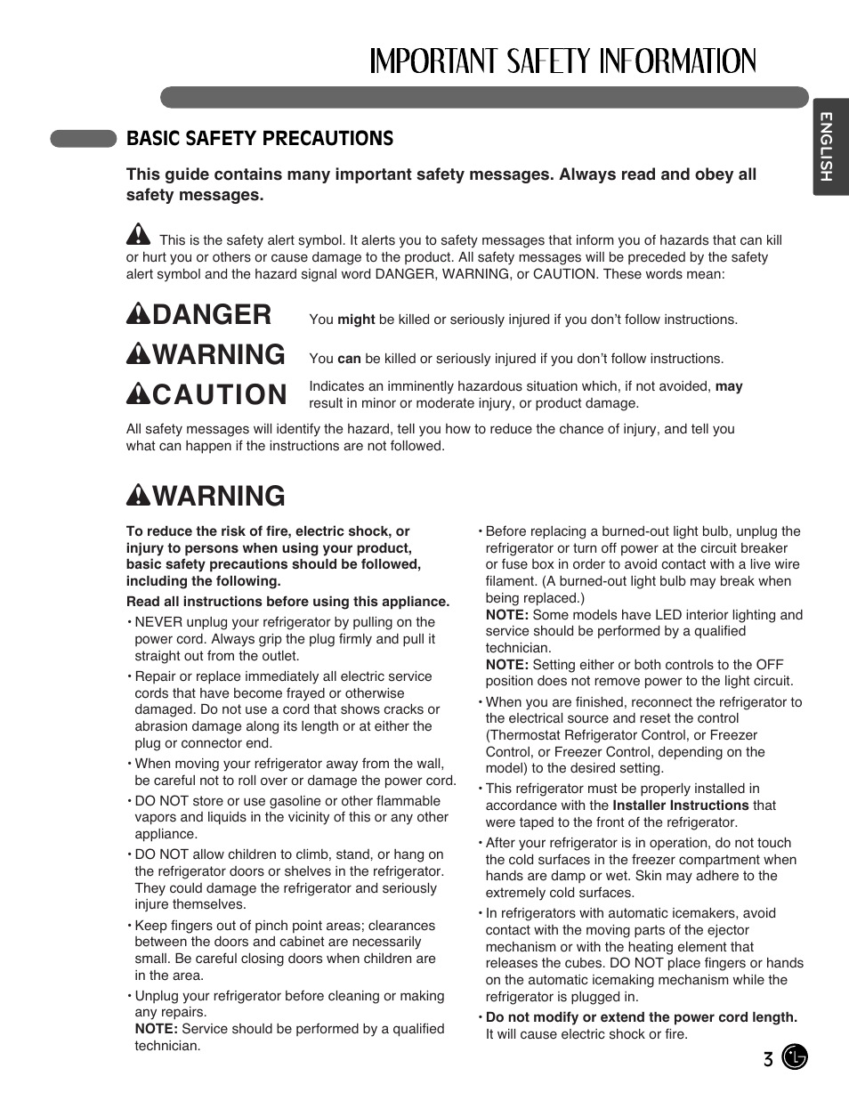 Wdanger, Wwarning, Wcaution | LG LFX28991ST User Manual | Page 3 / 156