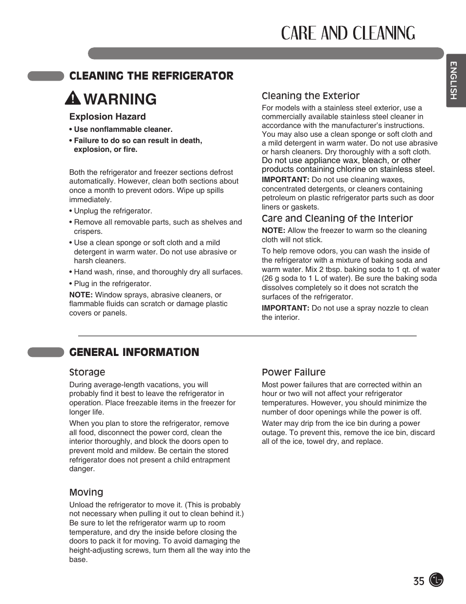 Warning, 35 cleaning the refrigerator, General information | LG LFX28991ST User Manual | Page 35 / 156