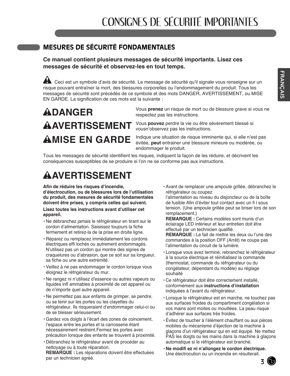 Wdanger, Wavertissement, Wmise en garde | LG LFX28991ST User Manual | Page 55 / 156