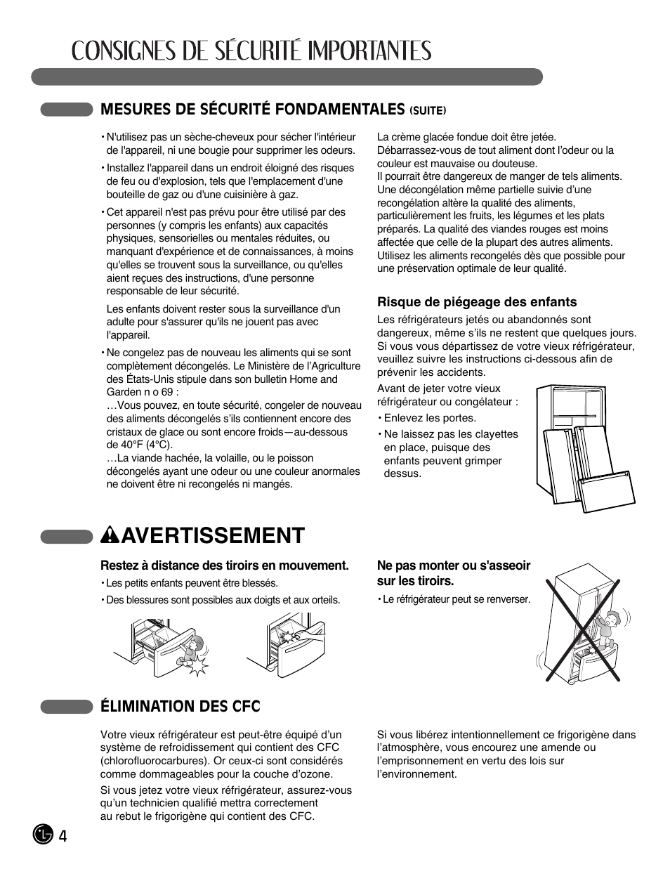 Wavertissement, 4mesures de sécurité fondamentales, Élimination des cfc | LG LFX28991ST User Manual | Page 56 / 156