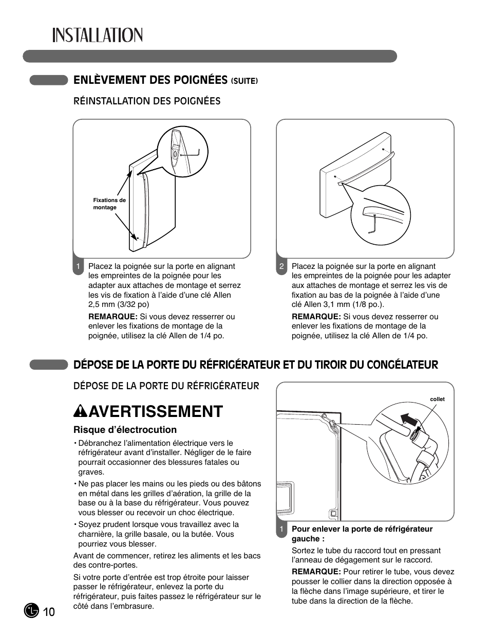 Wavertissement, 10 enlèvement des poignées | LG LFX28991ST User Manual | Page 62 / 156