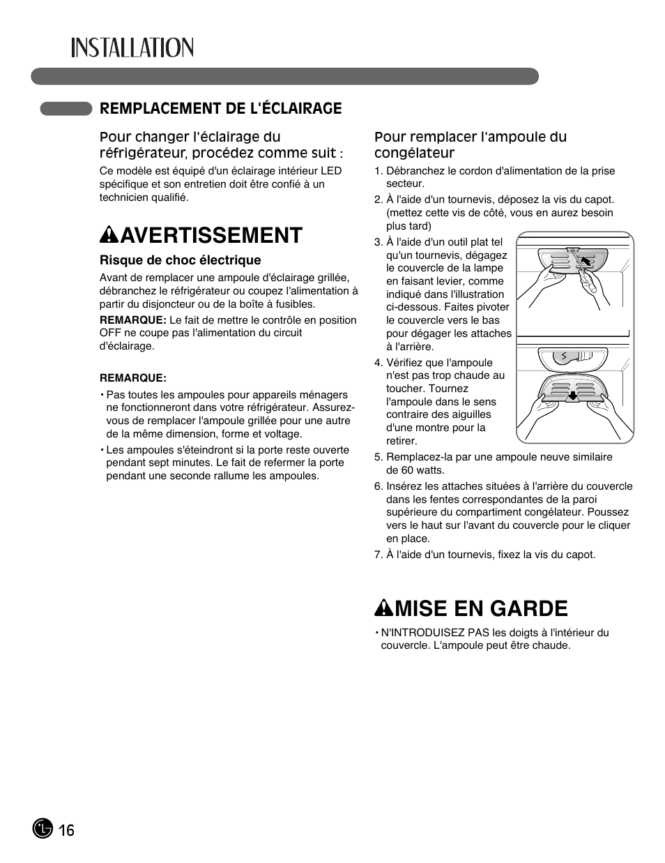 Wavertissement, Wmise en garde | LG LFX28991ST User Manual | Page 68 / 156