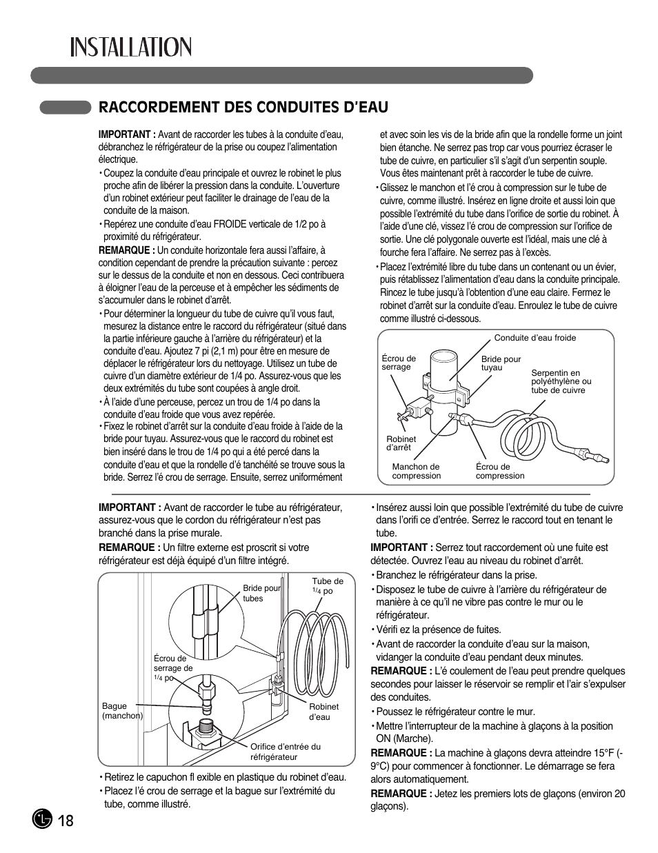 18 raccordement des conduites d’eau | LG LFX28991ST User Manual | Page 70 / 156