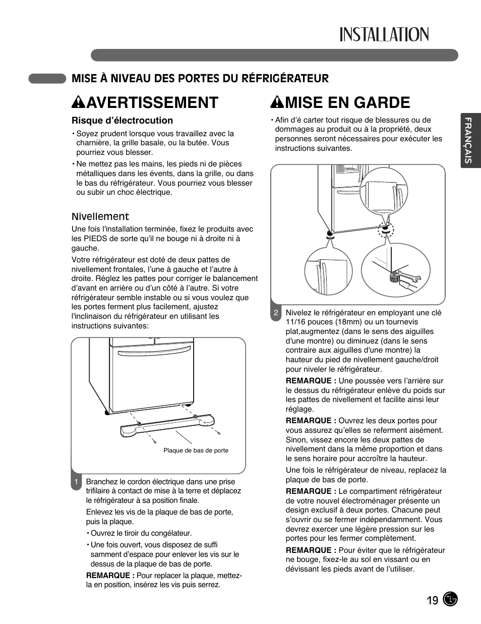 Wavertissement, Wmise en garde | LG LFX28991ST User Manual | Page 71 / 156