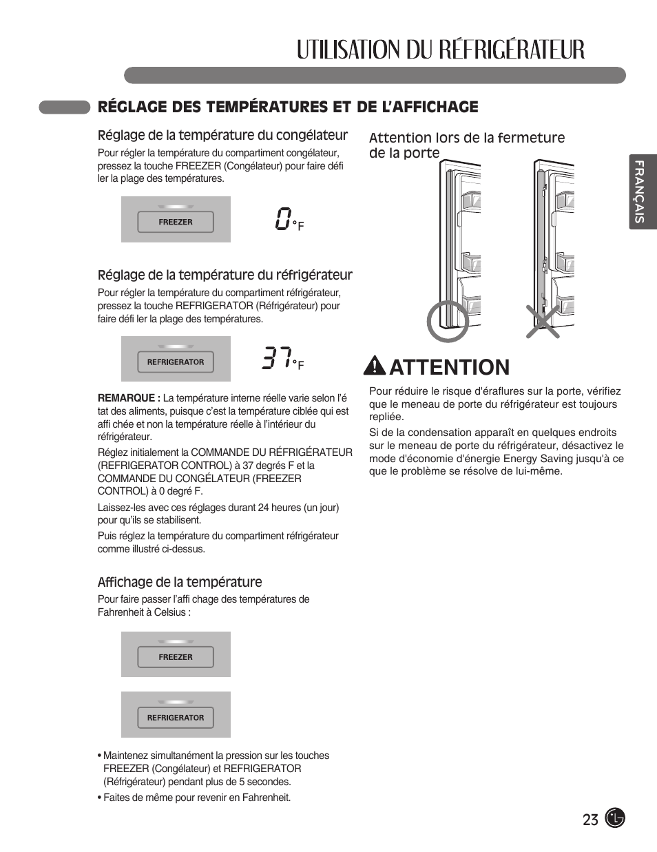 Attention, 23 réglage des températures et de l’affichage | LG LFX28991ST User Manual | Page 75 / 156