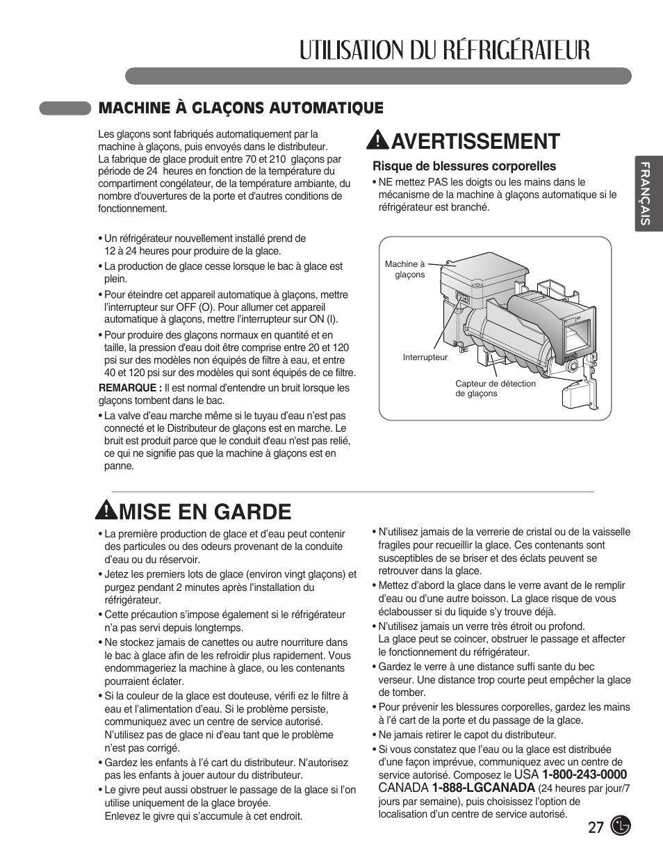 Avertissement, Mise en garde, 27 machine à glaçons automatique | LG LFX28991ST User Manual | Page 79 / 156