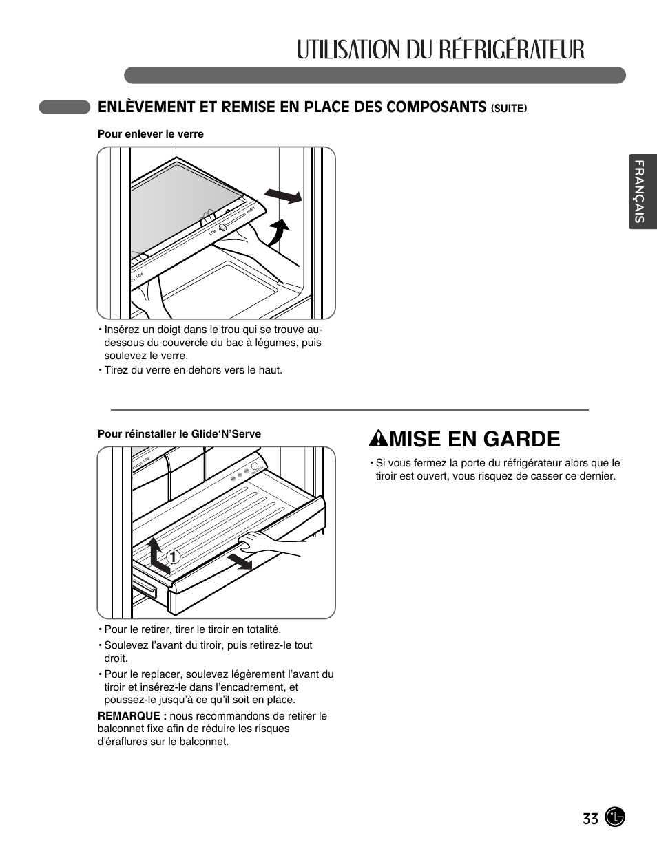 Wmise en garde, 33 enlèvement et remise en place des composants, Français | LG LFX28991ST User Manual | Page 85 / 156