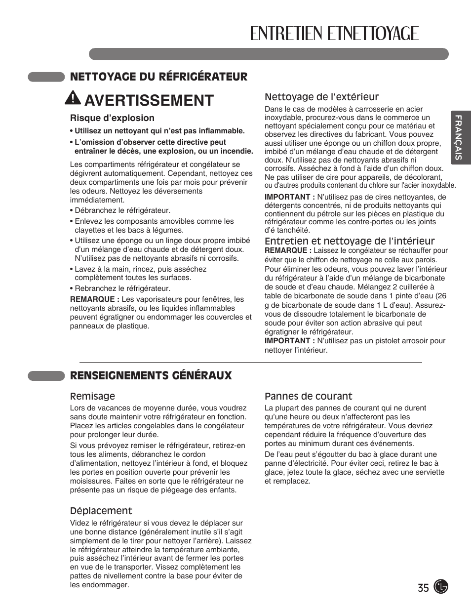 Avertissement, 35 nettoyage du réfrigérateur, Renseignements généraux | LG LFX28991ST User Manual | Page 87 / 156