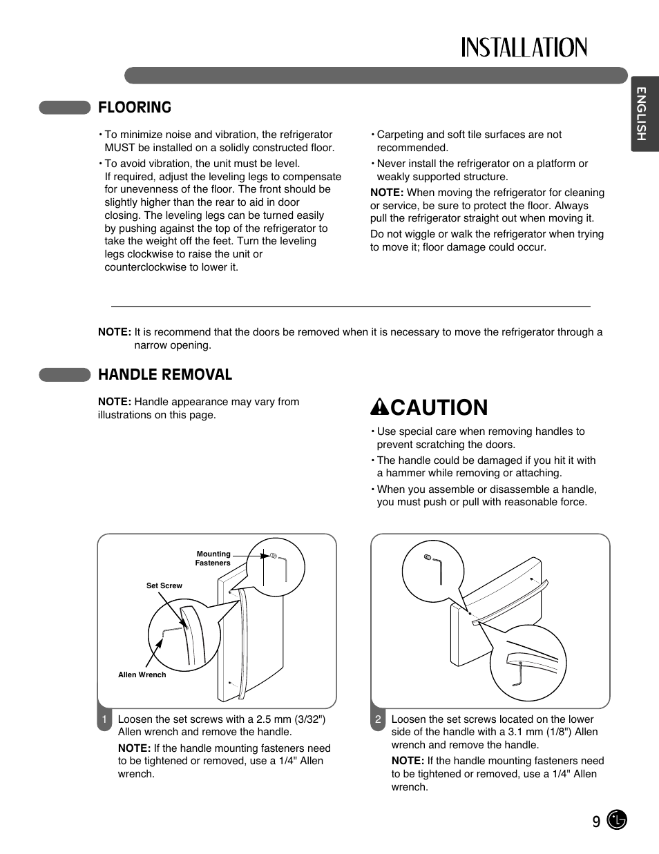 Wcaution, 9flooring, Handle removal | LG LFX28991ST User Manual | Page 9 / 156