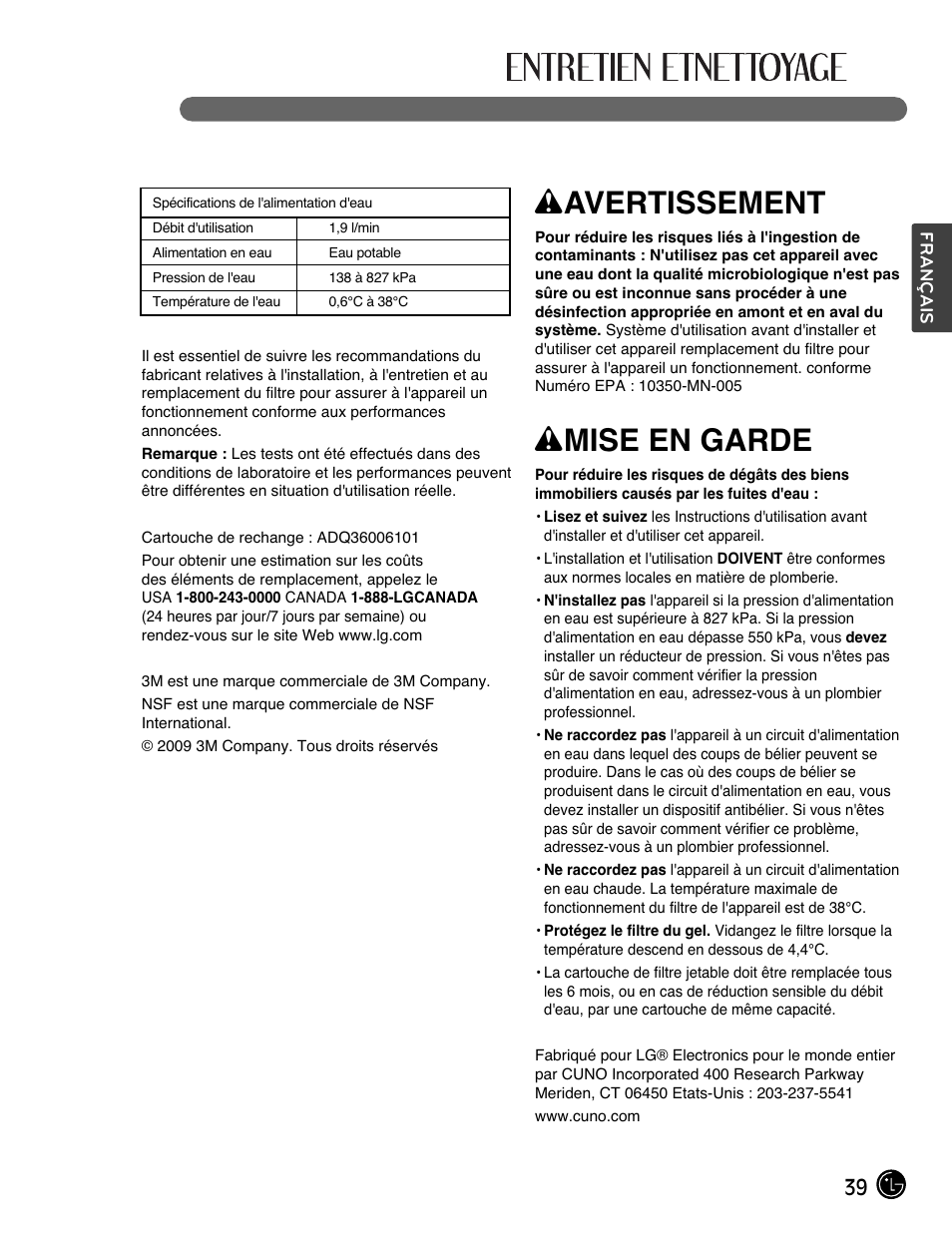 Wavertissement, Wmise en garde | LG LFX28991ST User Manual | Page 91 / 156