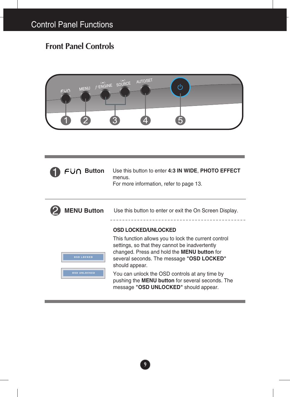 Control panel functions, Front panel controls, Control button function | Control panel functions front panel controls | LG W2344T-PF User Manual | Page 10 / 28
