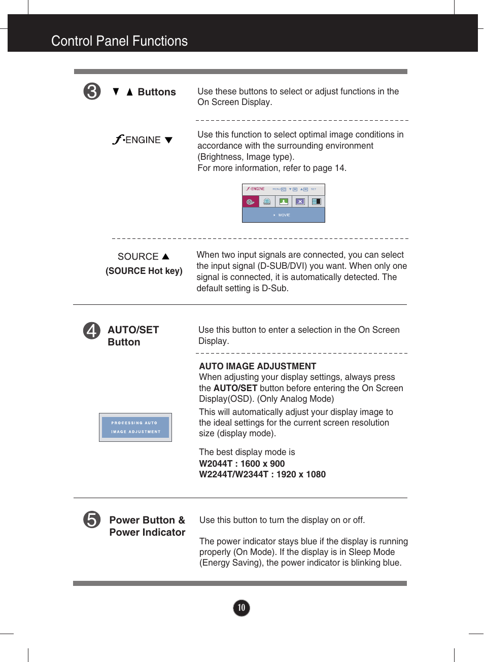 Control panel functions | LG W2344T-PF User Manual | Page 11 / 28