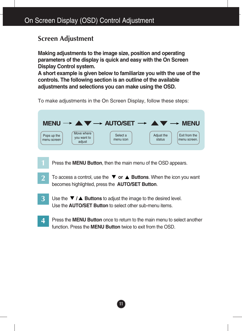 On screen display (osd) control adjustment, Screen adjustment | LG W2344T-PF User Manual | Page 12 / 28