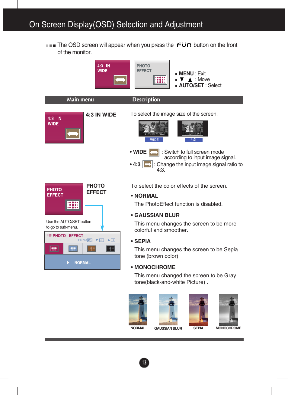 On screen display(osd) selection and adjustment | LG W2344T-PF User Manual | Page 14 / 28