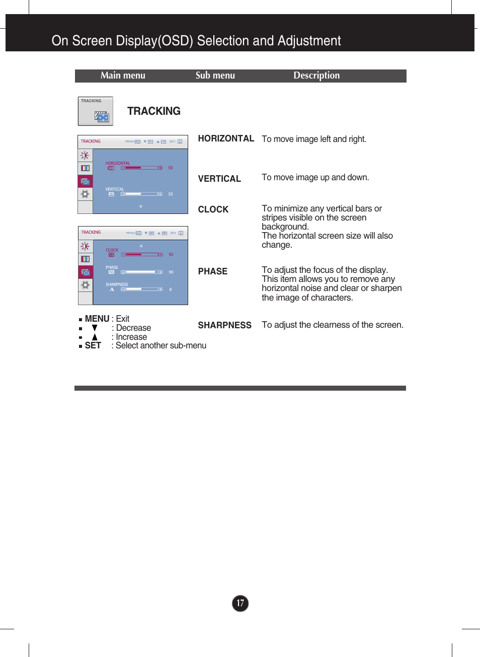 Tracking, On screen display(osd) selection and adjustment | LG W2344T-PF User Manual | Page 18 / 28
