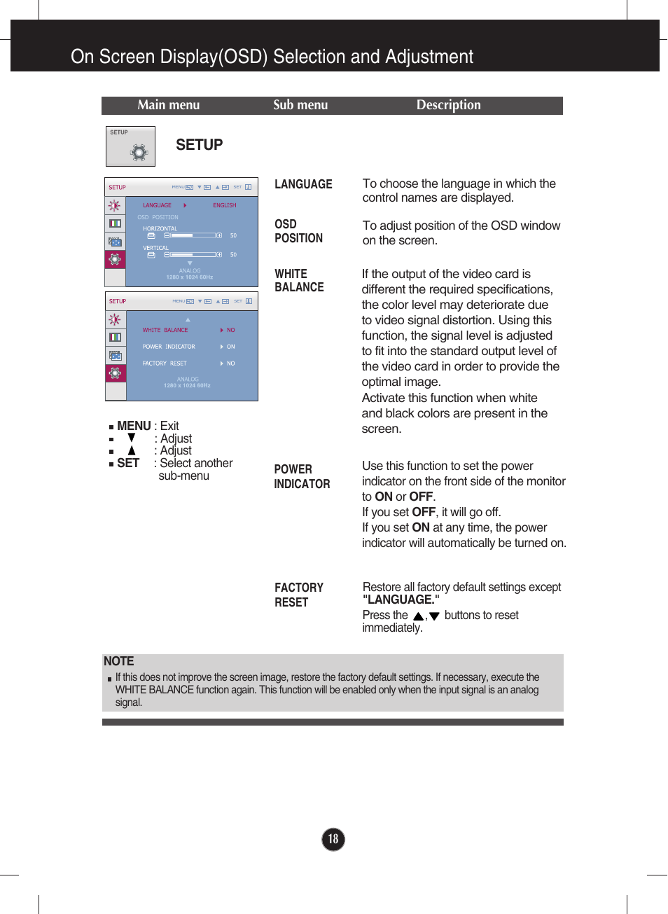 Setup, On screen display(osd) selection and adjustment | LG W2344T-PF User Manual | Page 19 / 28