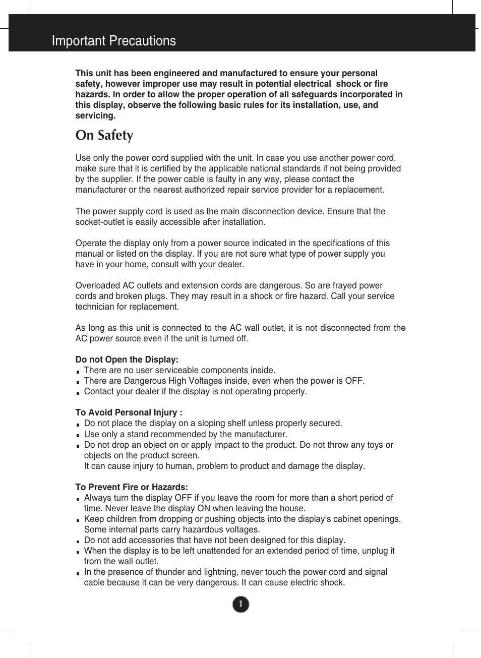 Important precautions, On safety | LG W2344T-PF User Manual | Page 2 / 28