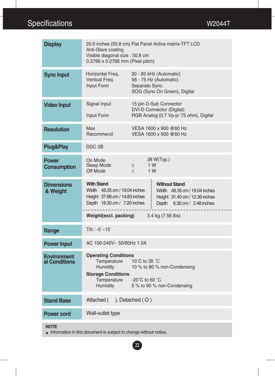 Specifications, W2044t | LG W2344T-PF User Manual | Page 23 / 28