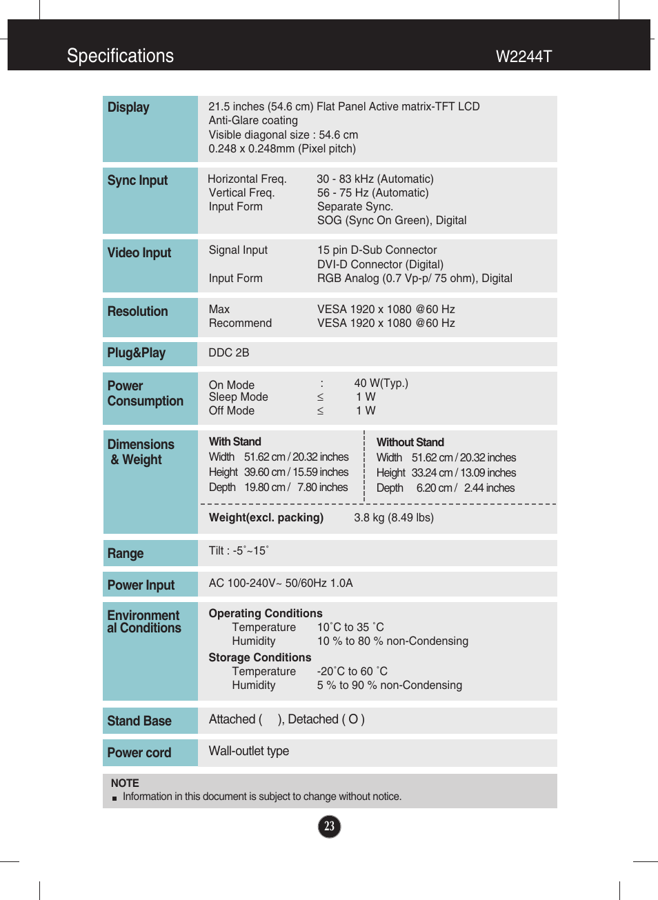 W2244t, Specifications | LG W2344T-PF User Manual | Page 24 / 28