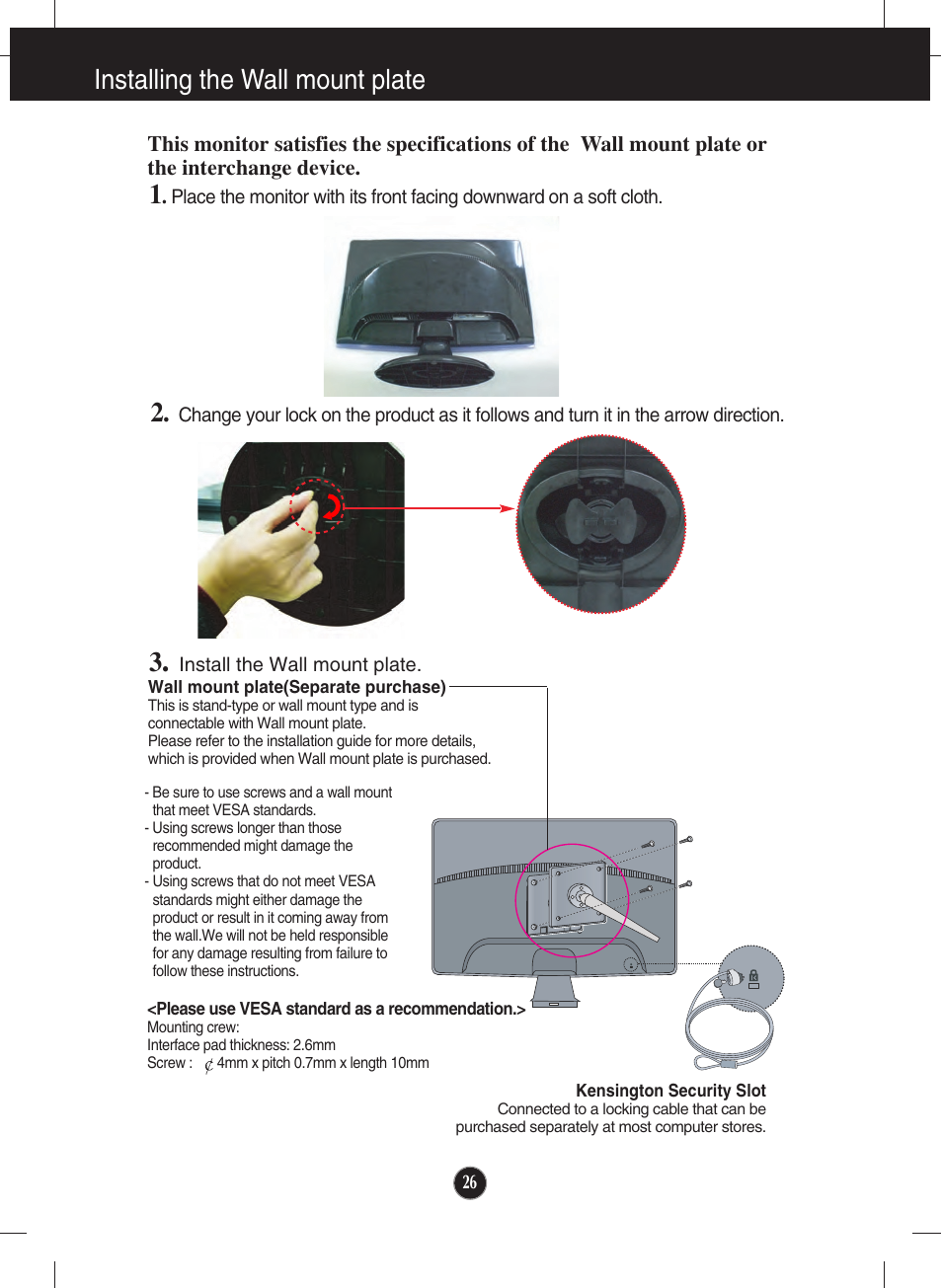 Installing the wall mount plate | LG W2344T-PF User Manual | Page 27 / 28