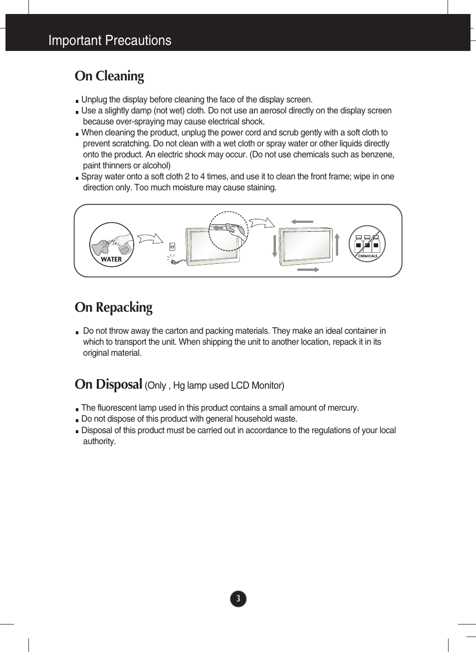 On cleaning, On repacking, On disposal (only , hg lamp used lcd monitor) | Important precautions, On disposal | LG W2344T-PF User Manual | Page 4 / 28