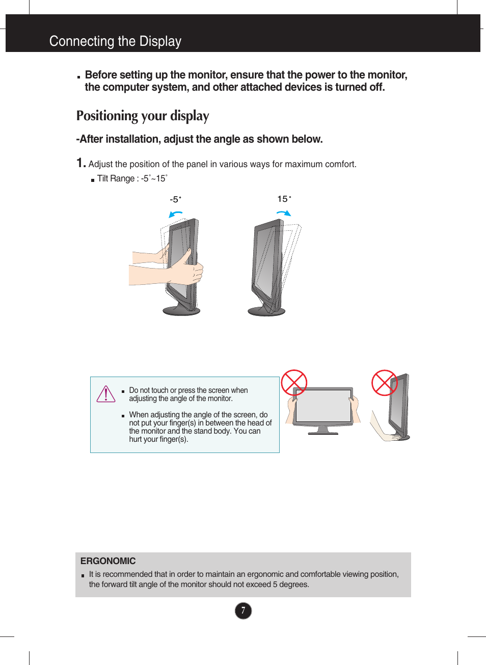 Positioning your display, Connecting the display | LG W2344T-PF User Manual | Page 8 / 28
