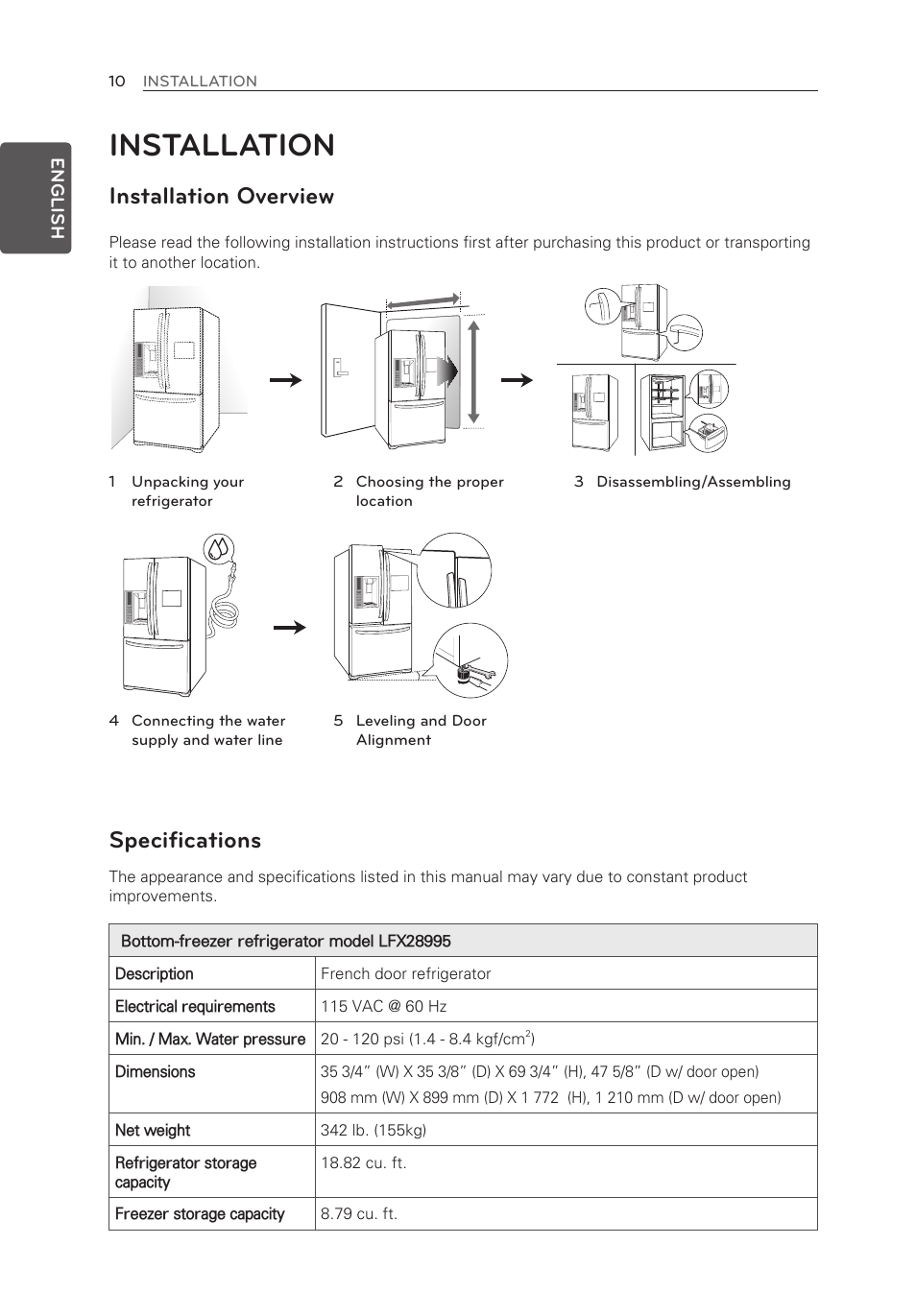 Installation, Installation overview, Specifications | LG LFX28995ST User Manual | Page 10 / 111
