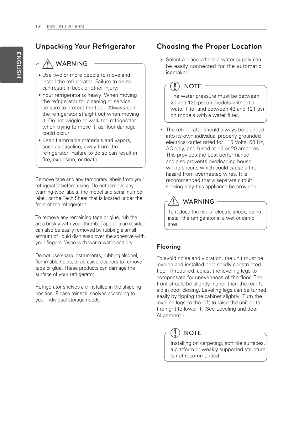 Choosing the proper location, Unpacking your refrigerator | LG LFX28995ST User Manual | Page 12 / 111