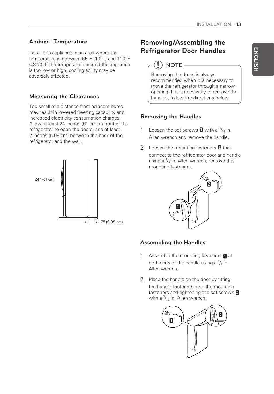 Removing/assembling the refrigerator door handles, Ambient temperature, Measuring the clearances | Removing the handles 1, Assembling the handles 1 | LG LFX28995ST User Manual | Page 13 / 111
