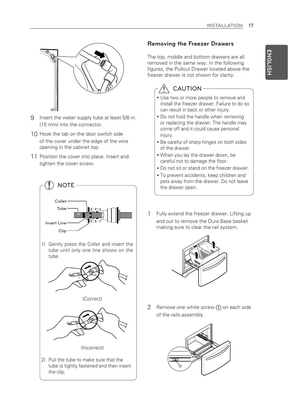 Caution, Removing the freezer drawers | LG LFX28995ST User Manual | Page 17 / 111