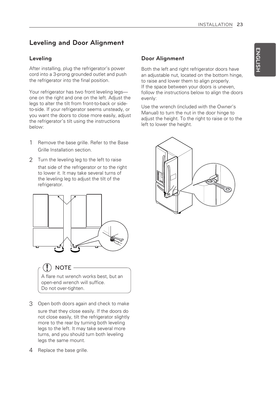Leveling and door alignment | LG LFX28995ST User Manual | Page 23 / 111