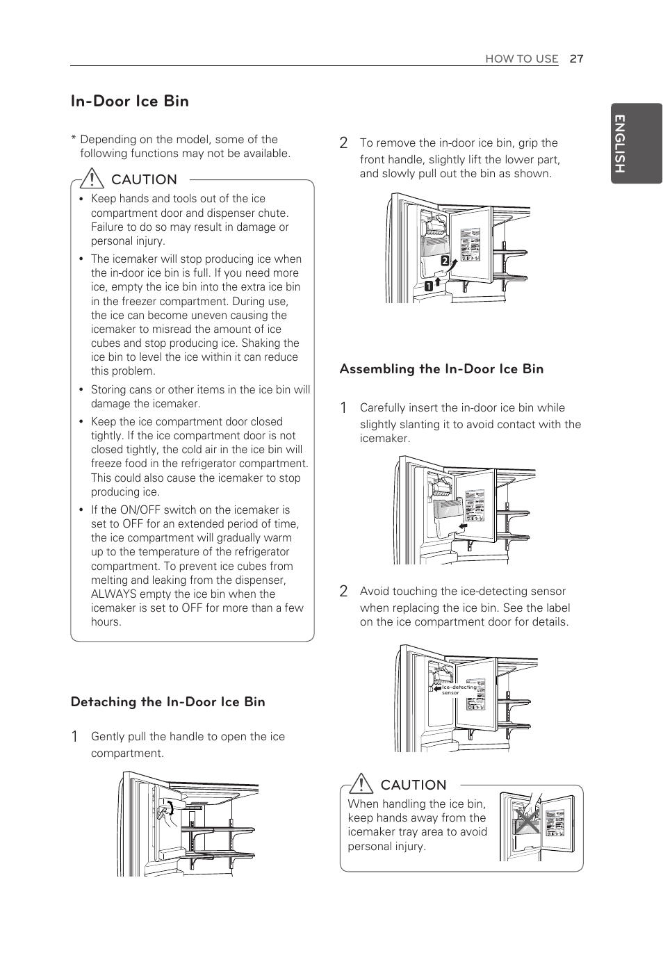In-door ice bin, Assembling the in-door ice bin, Caution | Detaching the in-door ice bin | LG LFX28995ST User Manual | Page 27 / 111