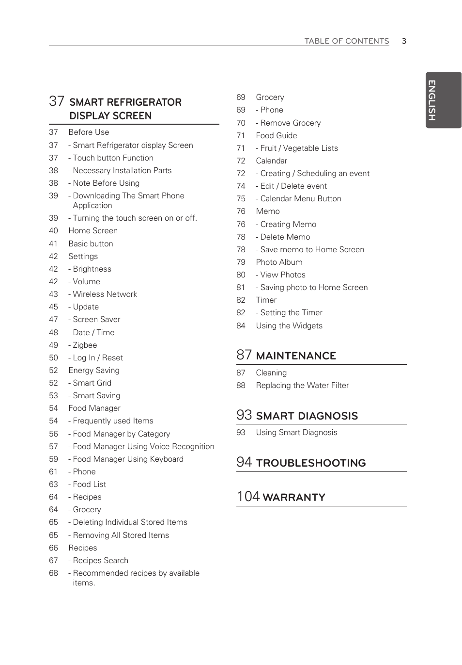 Smart refrigerator display screen, Maintenance, Smart diagnosis | Troubleshooting, Warranty | LG LFX28995ST User Manual | Page 3 / 111