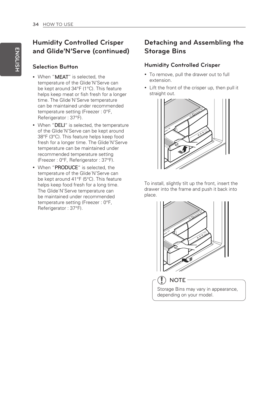 Detaching and assembling the storage bins, Selection button, Humidity controlled crisper | English, 34 how to use | LG LFX28995ST User Manual | Page 34 / 111
