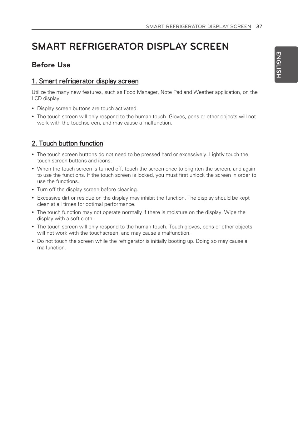 Smart refrigerator display screen, Before use, Touch button function | LG LFX28995ST User Manual | Page 37 / 111